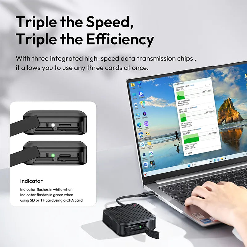 Ulanzi CRC10 card reader, fast data transfer for SD/TF/CFA cards, shown connected to a laptop.