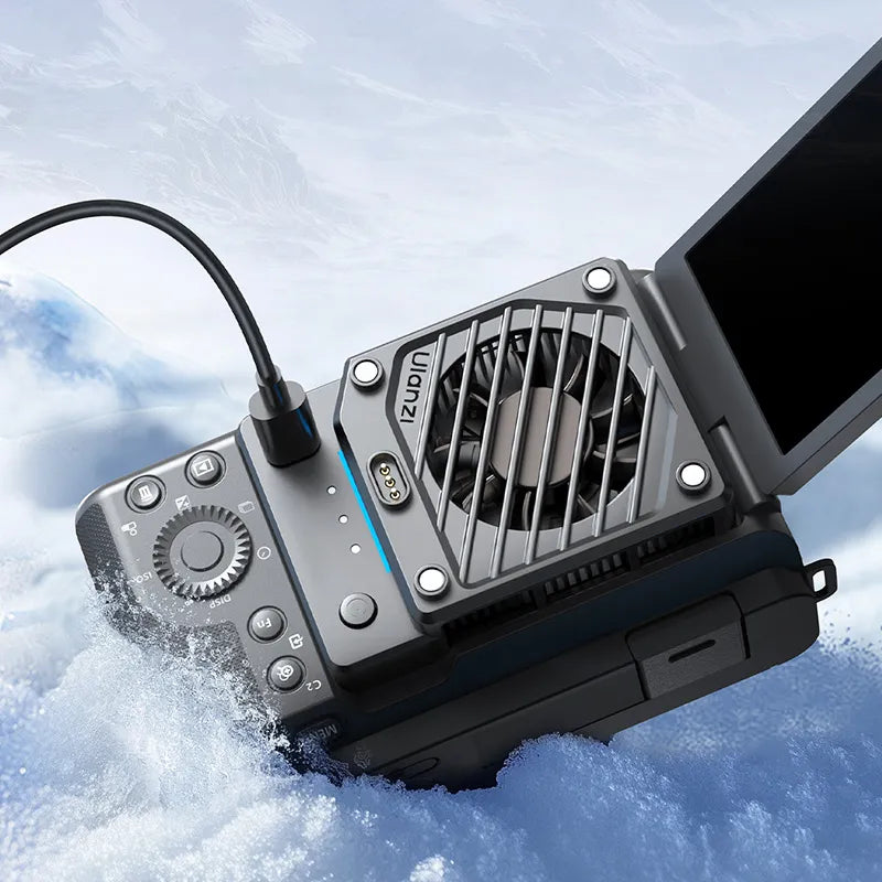Ulanzi CU01 Camera Cooler Kit with fan, metallic gray and black, displaying the Ulanzi logo.
