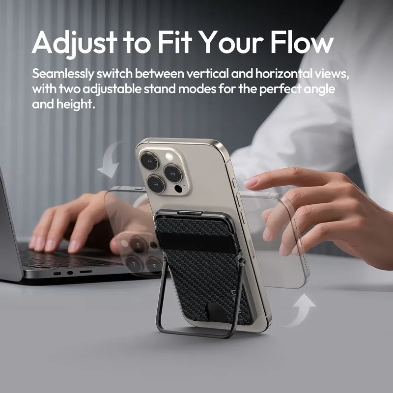 Smartphone with adjustable stand switching between vertical and horizontal viewing modes on a desk.