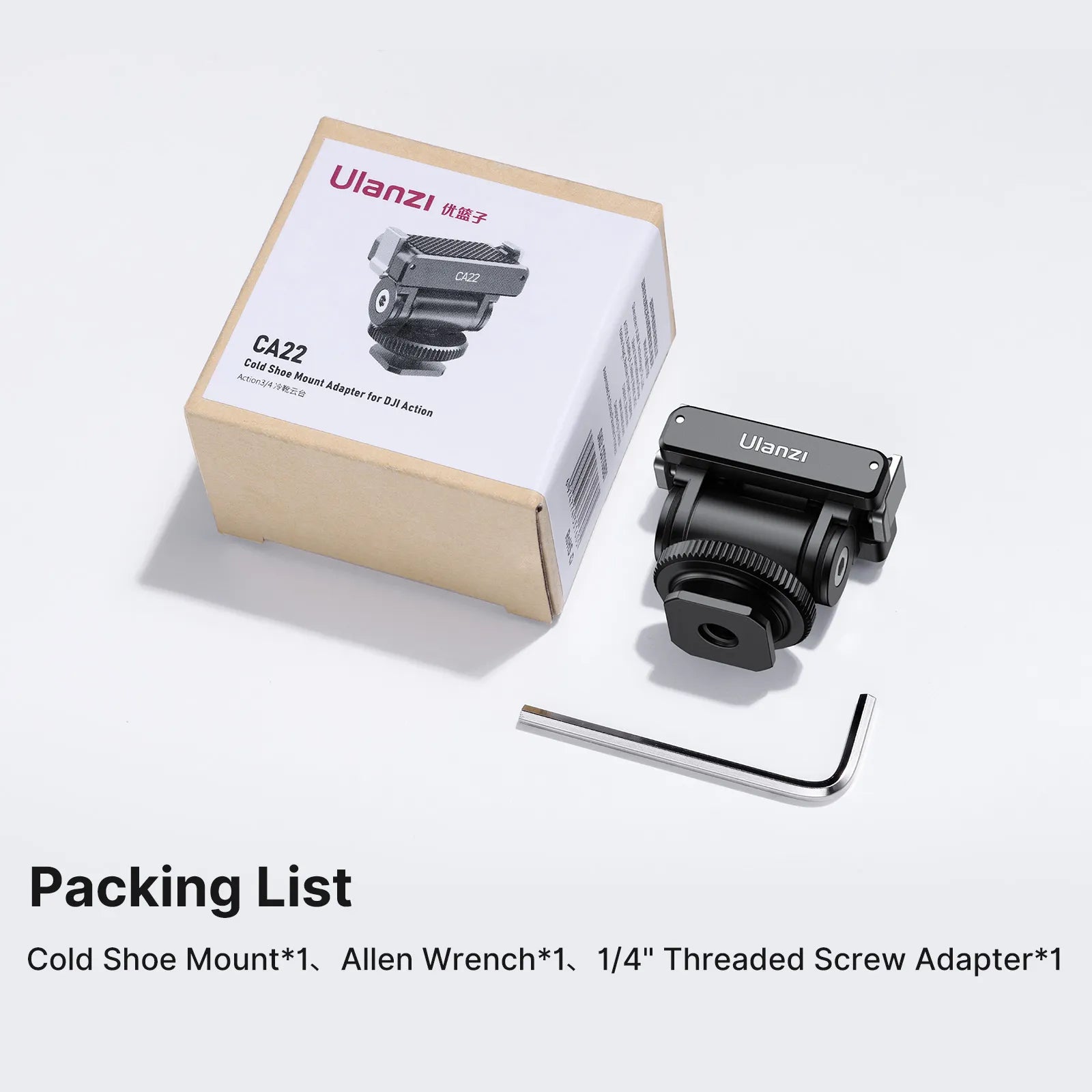Ulanzi CA22 Cold Shoe Mount Adapter Kit: Adapter, Allen wrench, and screw, for DJI Osmo Action.