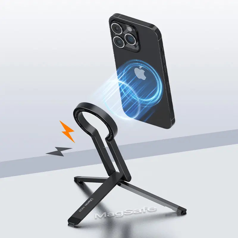 Ulanzi MA29 MagSafe Phone Stand in Black, iPhone magnetically attached, foldable and compact design.