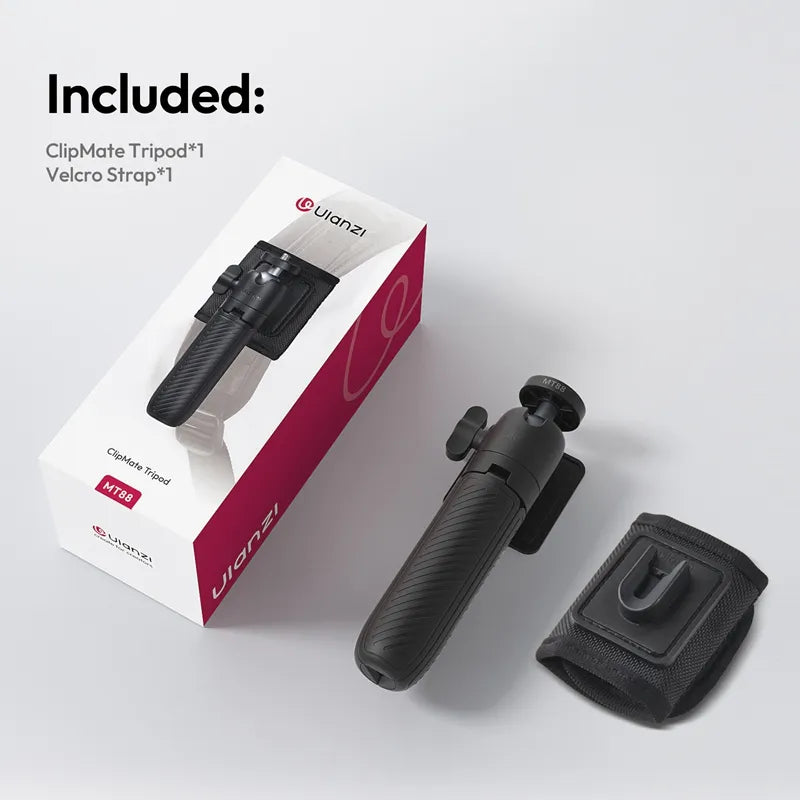 Ulanzi MT88 ClipMate Tripod and Velcro strap, black, perfect for content creation.