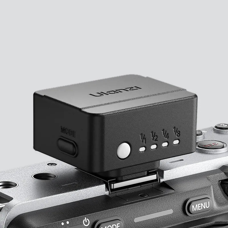 Ulanzi SL02 or SL01 Spark Lite Camera Flash Light on camera - Compact, black design with power modes.