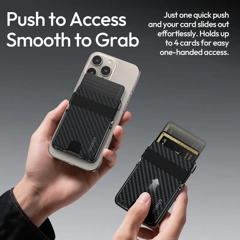 Hand pushing card out of a slim magnetic wallet attached to a smartphone for easy access.
