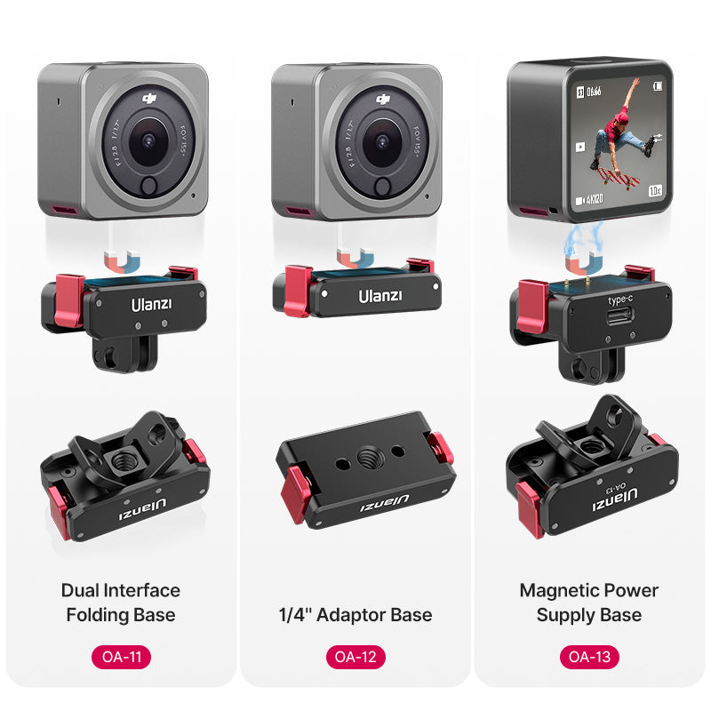 Ulanzi OA-11, OA-12, OA-13 Bases for DJI Action cameras: Magnetic and dual interface options.