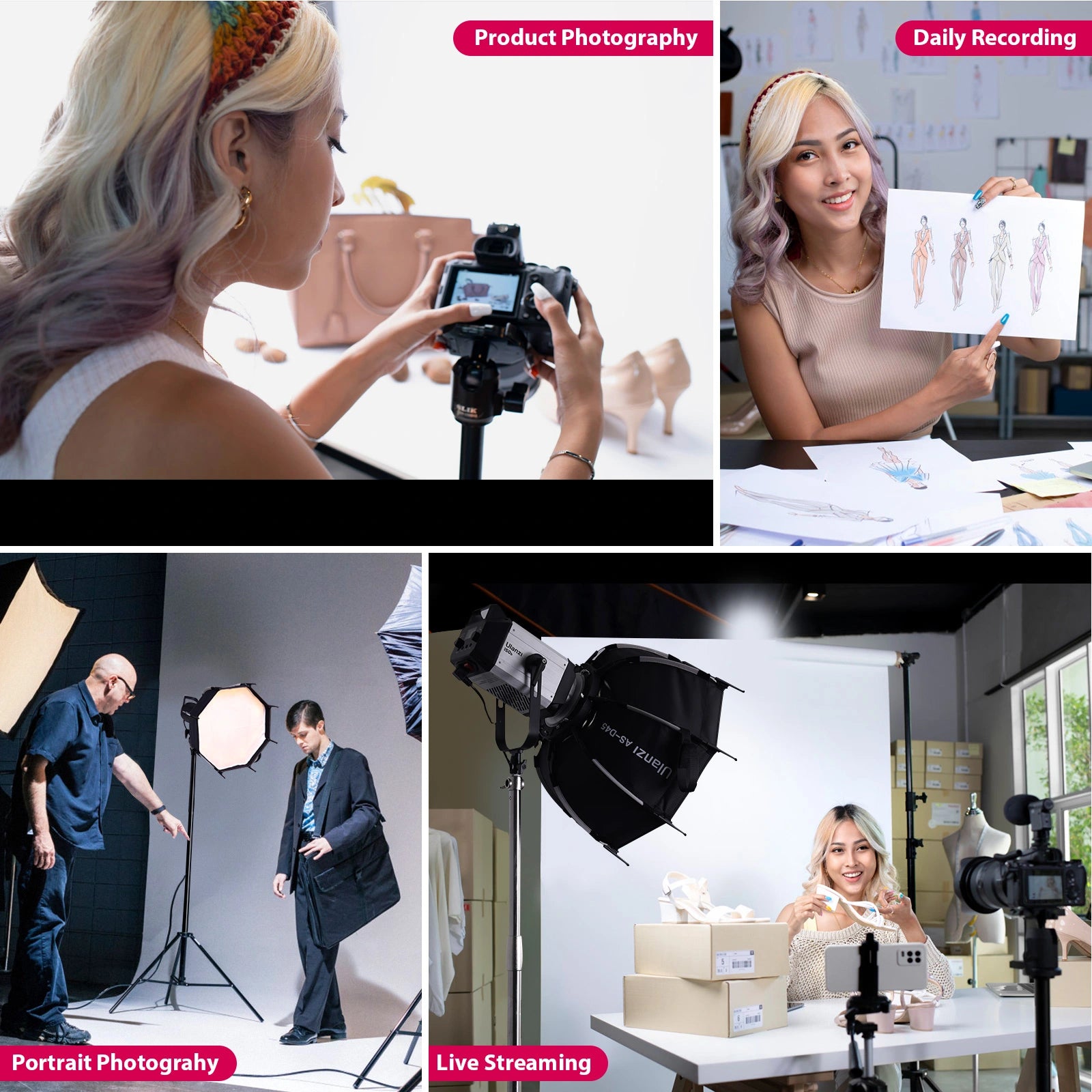 Ulanzi content creation: Product photography, daily recording, portrait and live streaming examples.