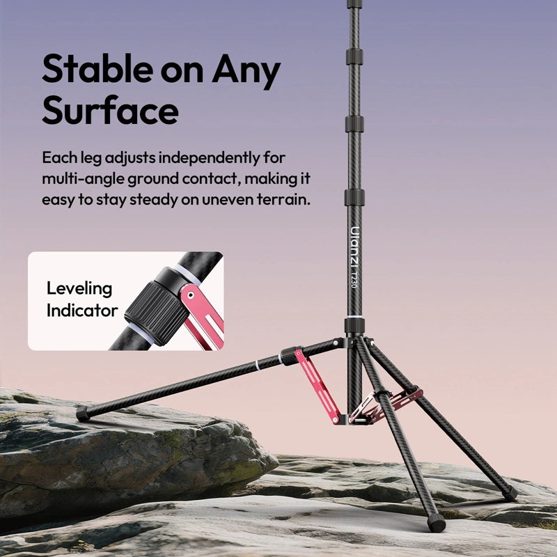 Ulanzi T230 light stand stable on rocks with independent leg adjustment and leveling indicator.