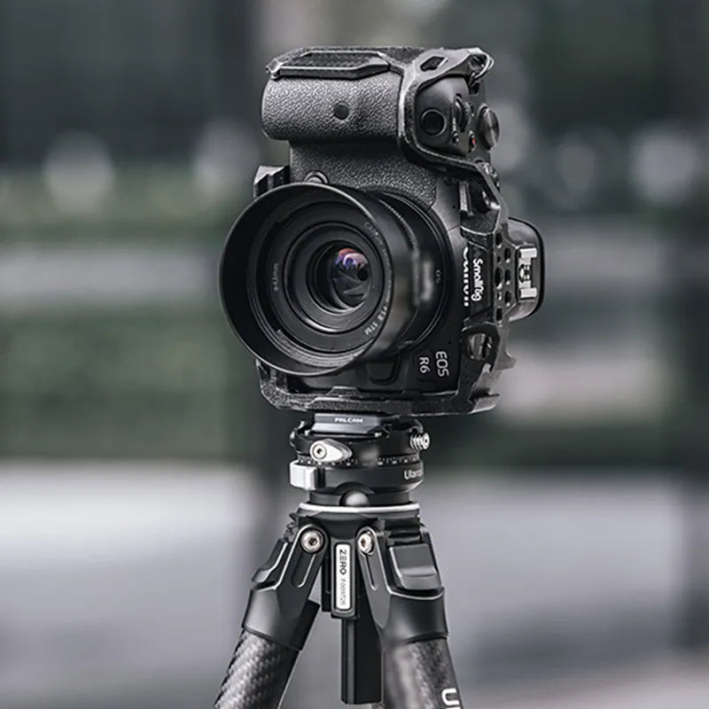 Canon EOS R6 camera on Falcam quick release anti-deflection plate, tripod for stability.