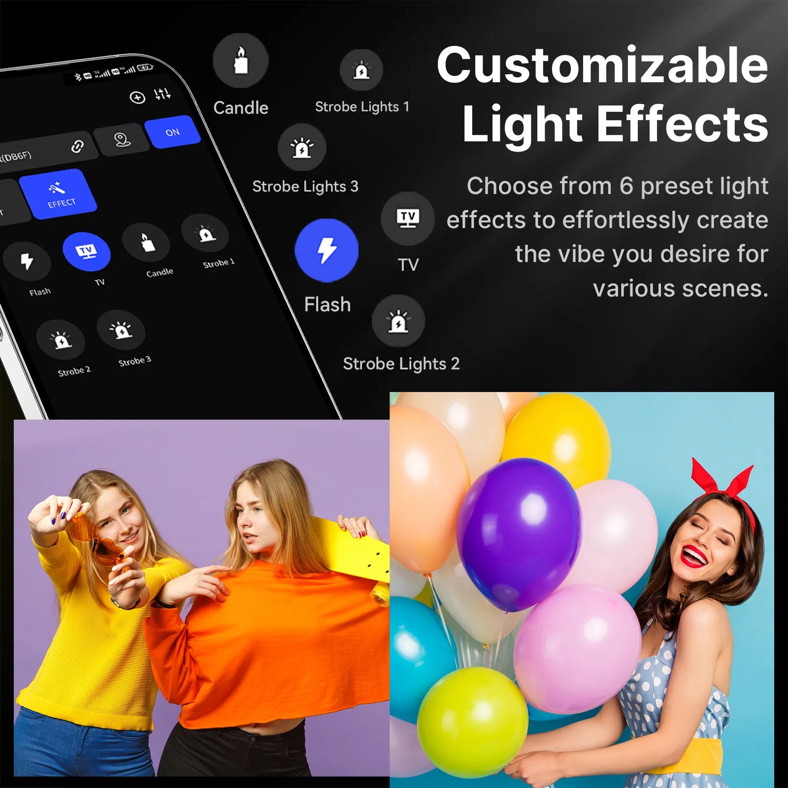 Ulanzi video light app showing preset lighting effects for video: flash, strobe, and candle options.