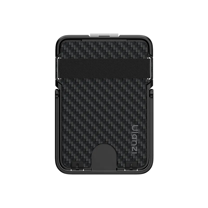 Top view of Ulanzi ML25 MagSafe wallet highlighting the MagLock carabiner and carbon fiber texture.