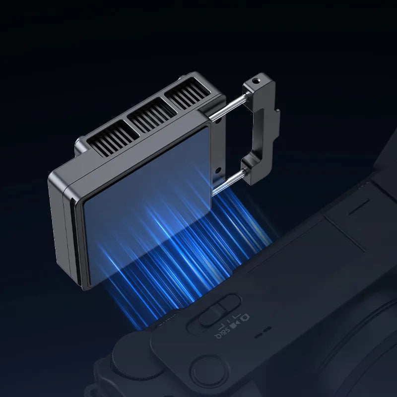 Ulanzi CU01 Thermostatic Camera Cooler Kit mounted on camera, dark gray cooling fan.