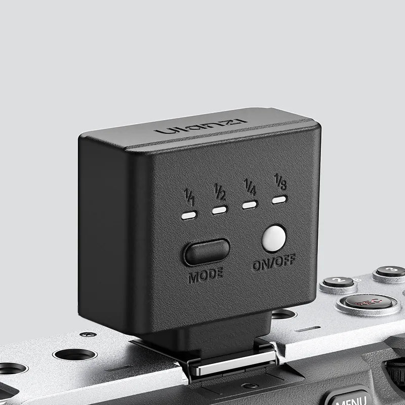 Ulanzi SL02 Spark Lite flash head with power mode indicators, mounted on a camera.