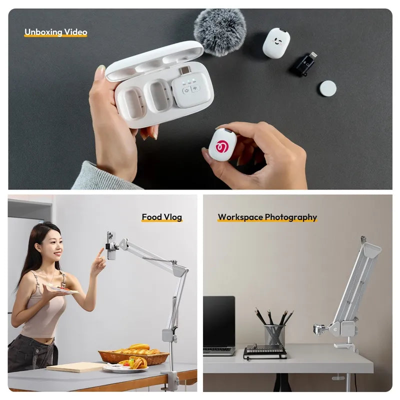 Ulanzi TH04 Overhead Camera Mount setup for content creation, Wireless Microphone kit.