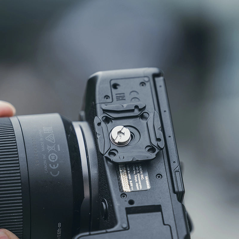 Ulanzi Falcam F38 Multi-hole Quick Release Kit installed on Canon camera, black aluminum alloy.