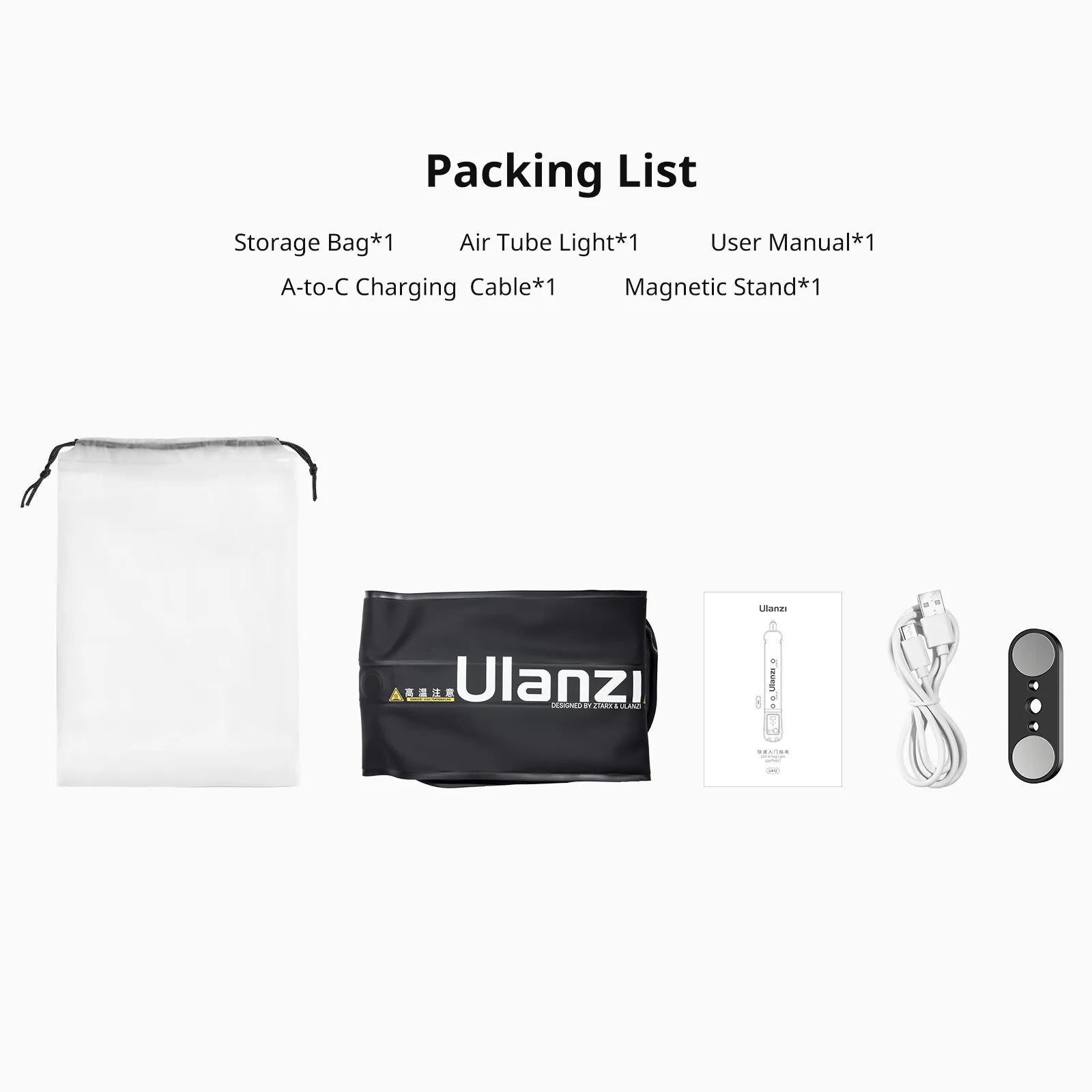 Ulanzi UA12/UA20 Air Tube Light package contents including bag, light, manual, and stand.