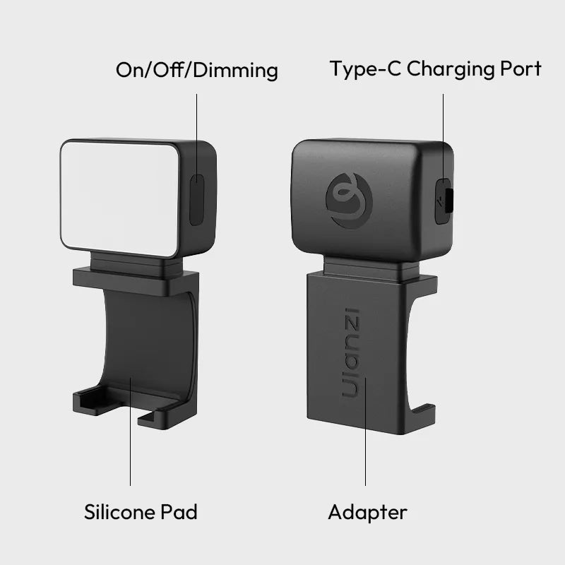 Ulanzi LM001 Pocket 3 Mini Light L168 features: On/Off, charging port, and adapter.