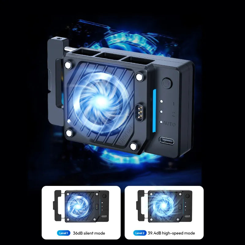 Ulanzi CU01 Thermostatic Camera Cooler Kit with glowing fan and auto mode display.