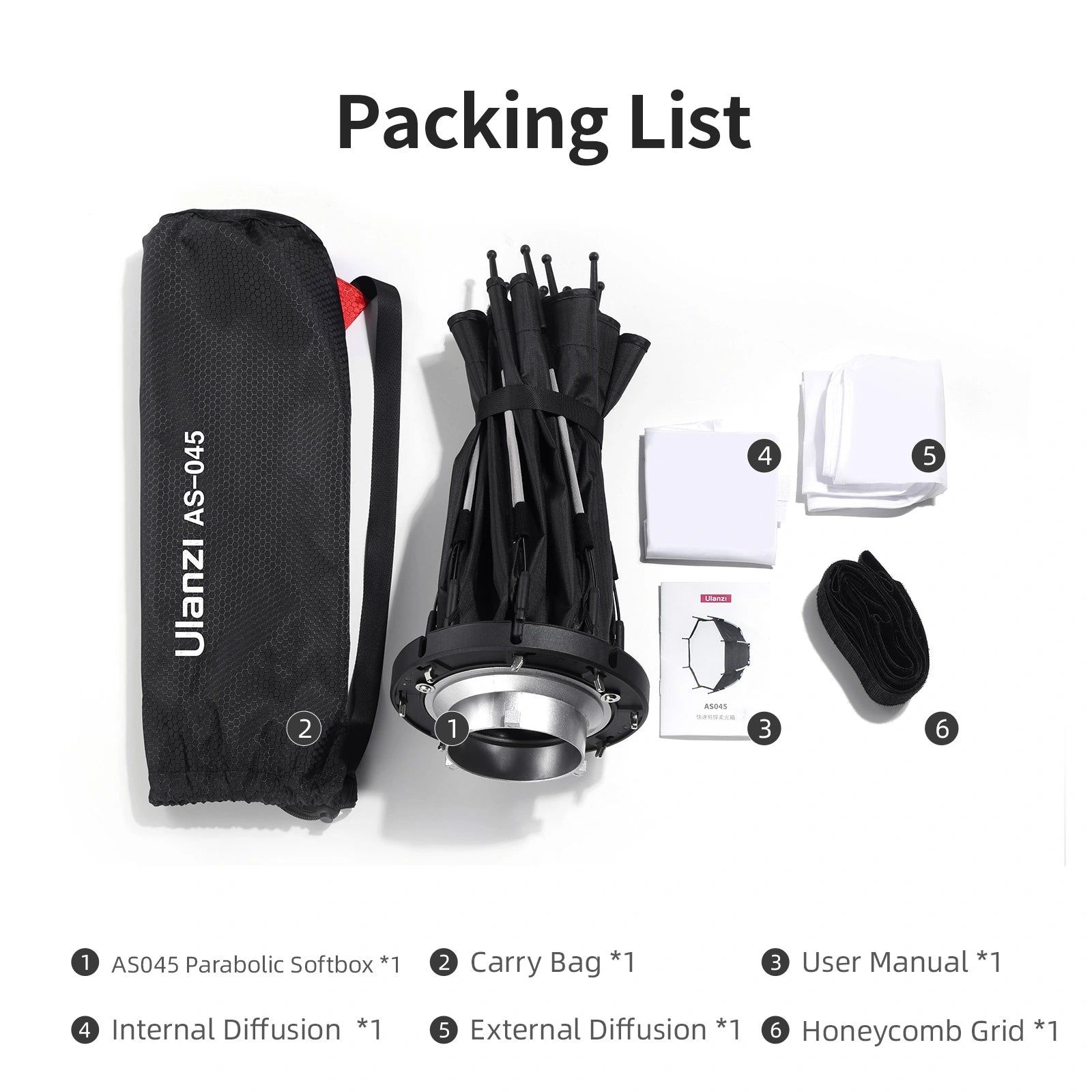 Ulanzi AS-045 softbox package includes softbox, carry bag, diffusers, and grid for photography.