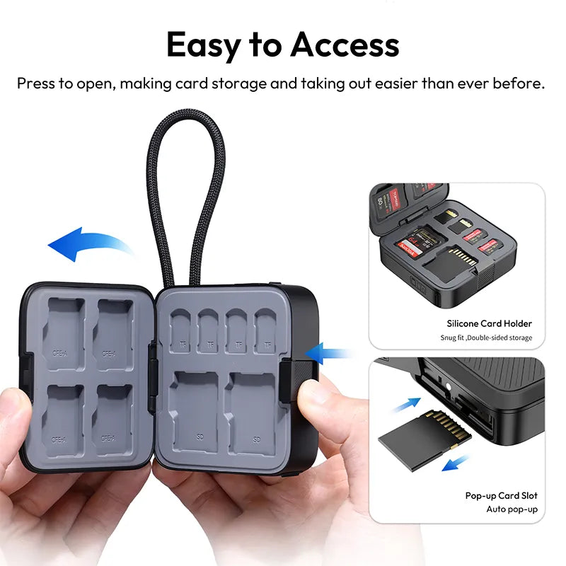Ulanzi CRC10 Card Reader: Easy access, black design with SD & TF card slots, and pop-up feature.