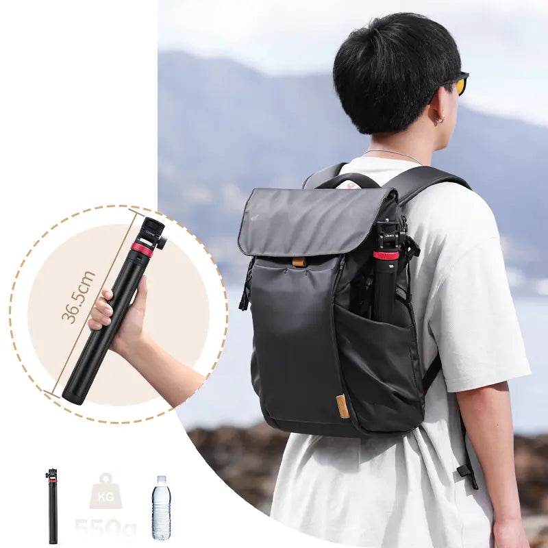Ulanzi MT-79 portable light stand in a backpack, black tripod with red accents, compact at 36.5cm.