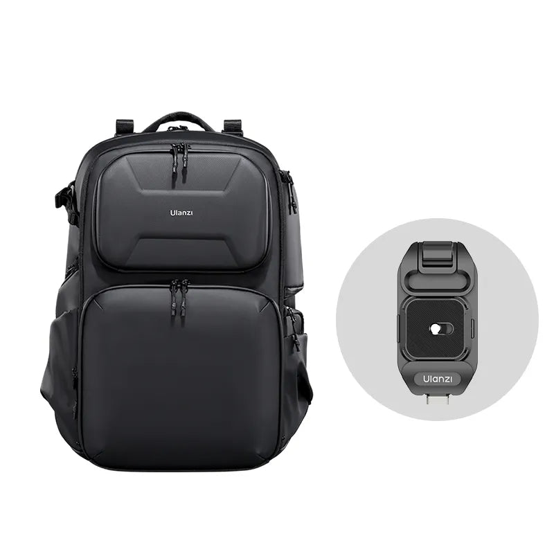 Ulanzi BP10 Camera Backpack in Black with accessory. Durable hardshell design for camera gear.