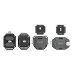 Falcam F38 Quick Release System components, black metal plates and mounts.