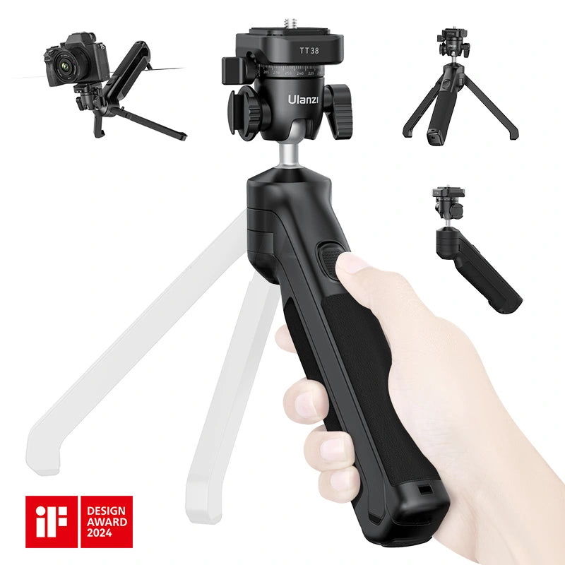 Ulanzi TT38 One-click Opening Tripod - Sleek black design, quick opening, and iF Design Award 2024.