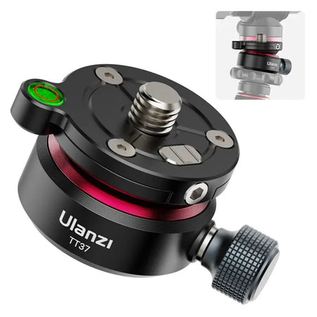 Ulanzi TT37 Mini Leveling Base, black aluminum tripod head with bubble level and adjustment knob.