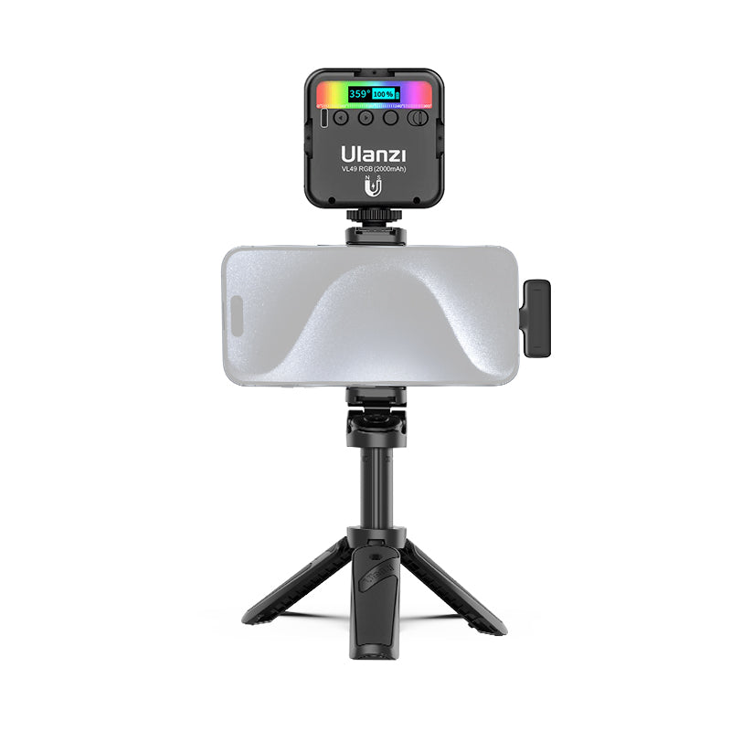 Ulanzi JJ02 Phone Tripod with light and smartphone for vlogging, black tripod setup.