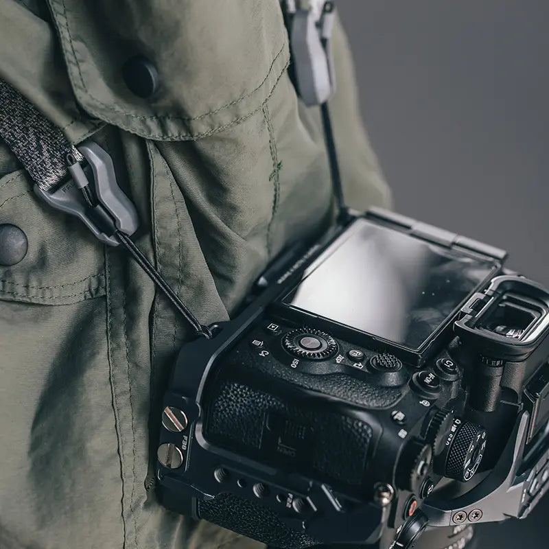 Ulanzi Falcam F38 Camera Cage on Sony a7RV, Monet Gray, shoulder strap attached.