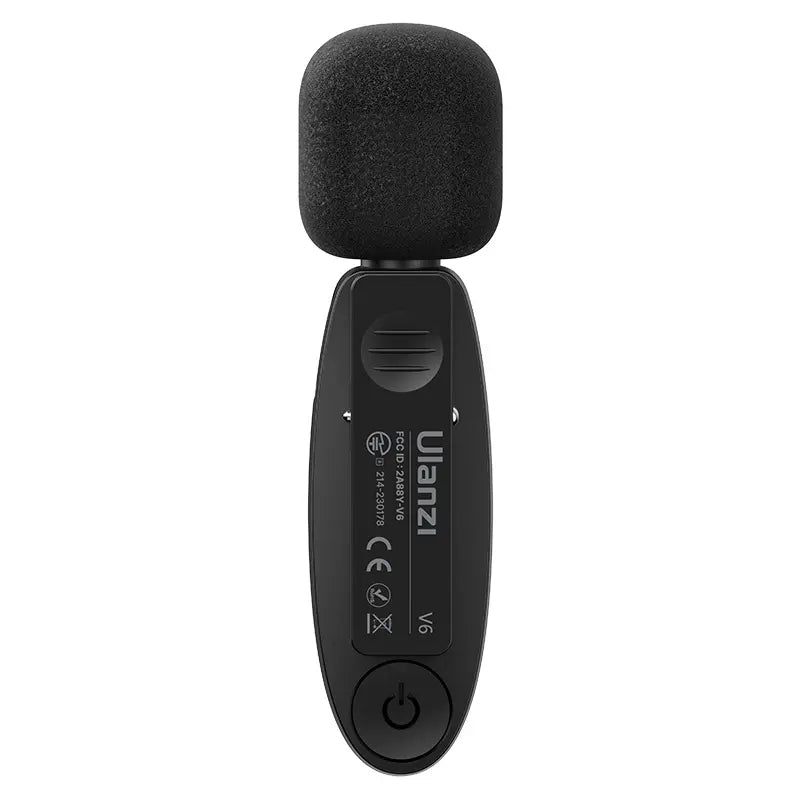 Ulanzi V6 Wireless Lavalier Microphone, black, with power button and clip.