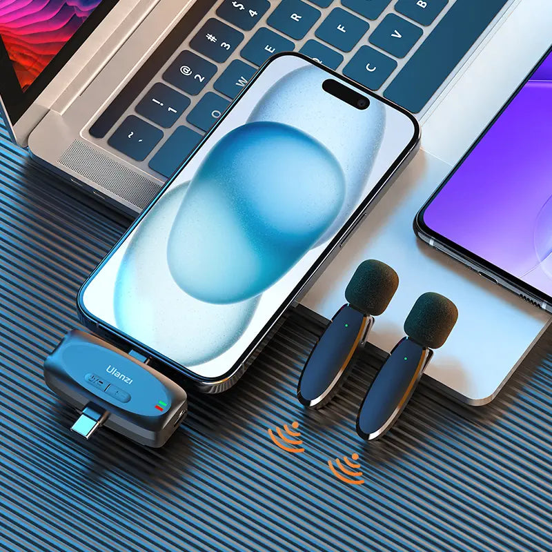 Ulanzi V6 wireless lavalier microphone set with iPhone and laptop,Plug-Play for audio recording.