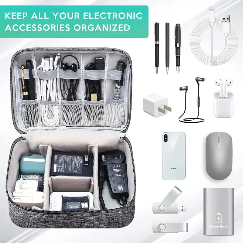 Electronic accessories organizer bag with cables, charger, and other tech gadgets, keeps items neat.