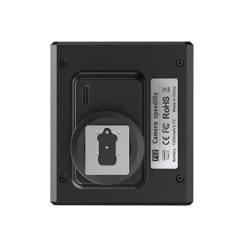 Ulanzi F12 Mini Camera Speedlite - Black, showing hot shoe mount, Type-C port and certifications.