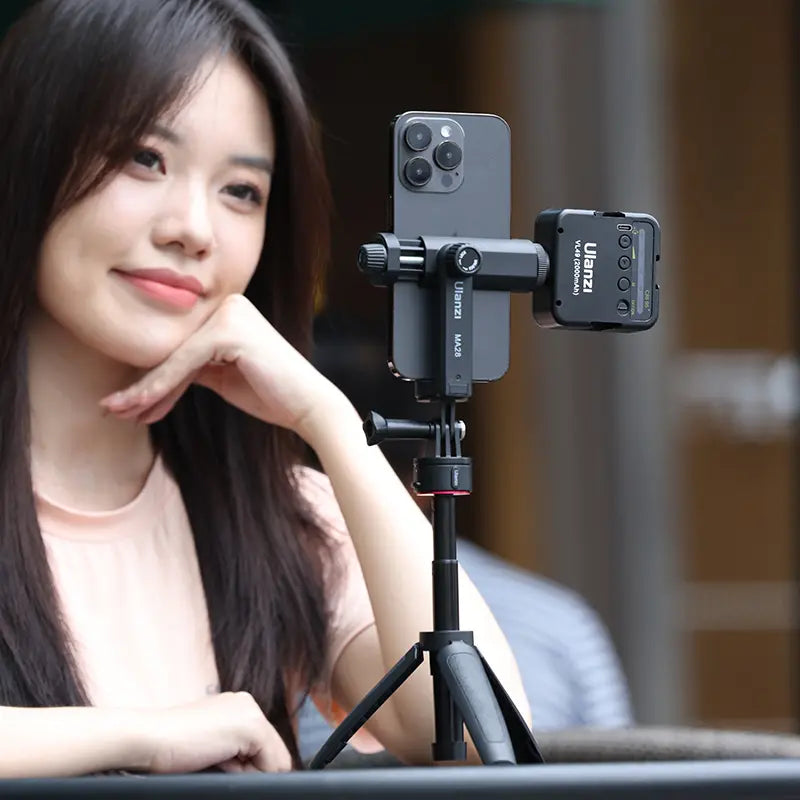 Ulanzi MA28 phone holder with smartphone and video light, black color, for content creation.