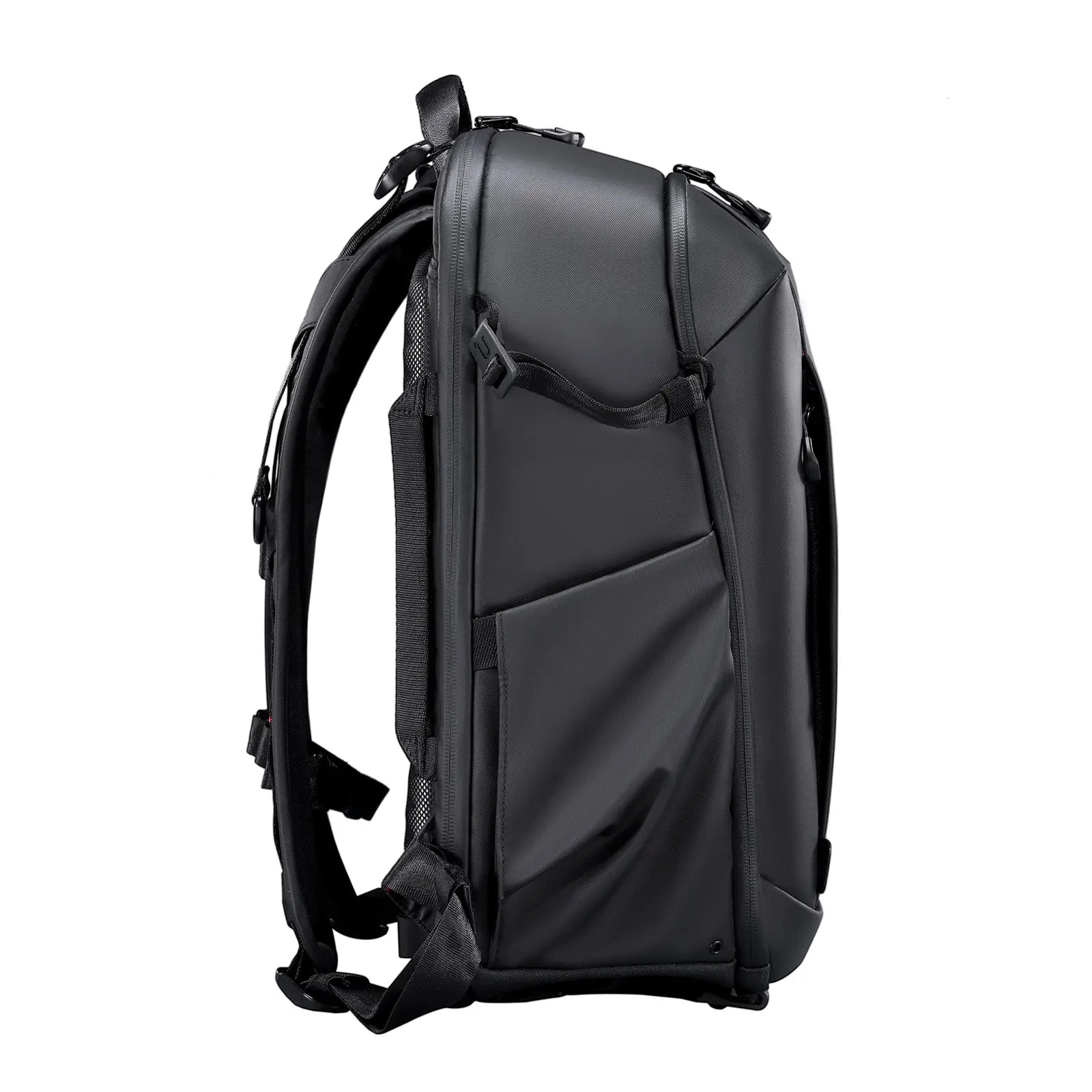 Ulanzi BP09 Camera Backpack - Black, side view with adjustable straps and compartments.