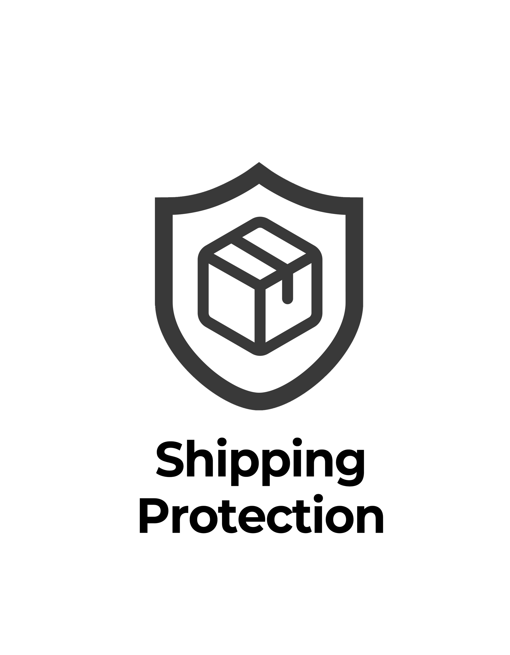 Shipping protection symbol: Package within a shield on black background for package safety.