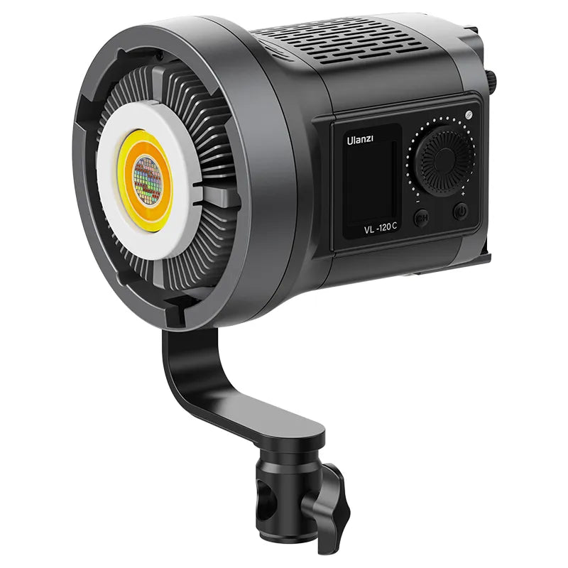 Ulanzi VL-120C Bi-color Video Light showcasing COB lamp, LCD display, and control features.