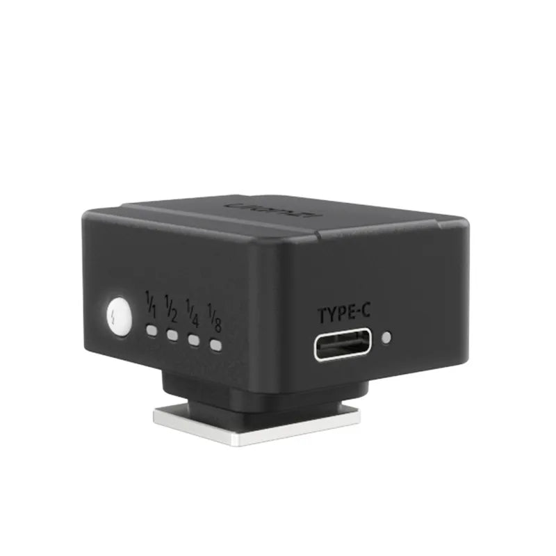 Ulanzi SL02 Spark Lite Camera Flash Light, black, Type-C charging port, and power mode indicators.