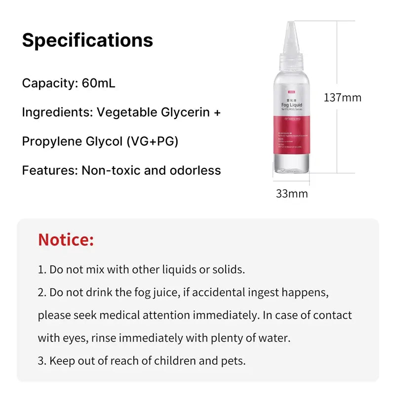 Ulanzi Fog Liquid specifications: 60ml capacity, non-toxic, odorless, and safety notices.