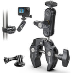 Ulanzi R094 Multi-Functional Super Clamp, black aluminum, holding GoPro camera.