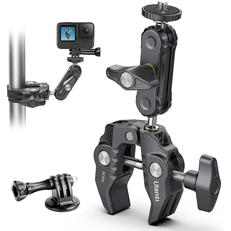 Ulanzi R094 Multi-Functional Super Clamp, black aluminum, holding GoPro camera.