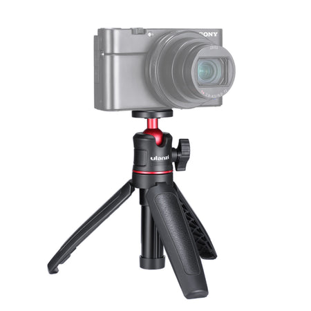Ulanzi MT-08 Extendable Handheld Tripod with camera. Black and red design.