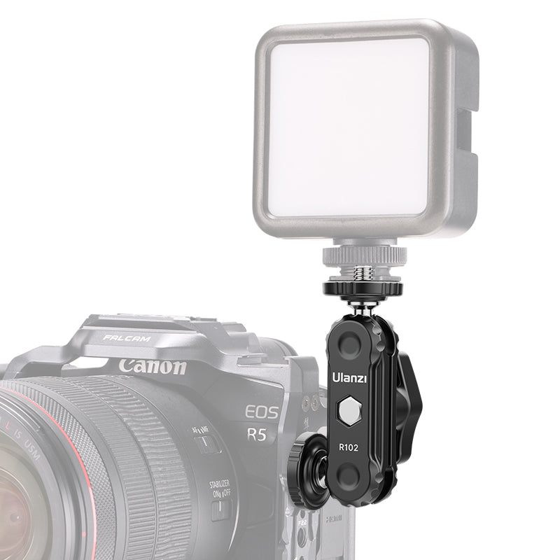 Ulanzi R102 Double Ball Head with light on Canon EOS R5 camera for content creation.