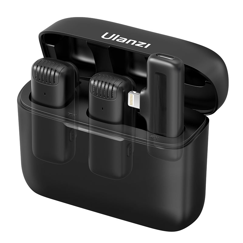 Ulanzi J12 Wireless Lavalier Microphone for iPhone iPad in black charging case.