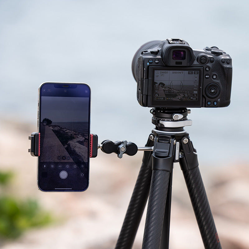 Ulanzi Zero F38 Quick Release Travel Tripod with camera and phone, carbon fiber build.