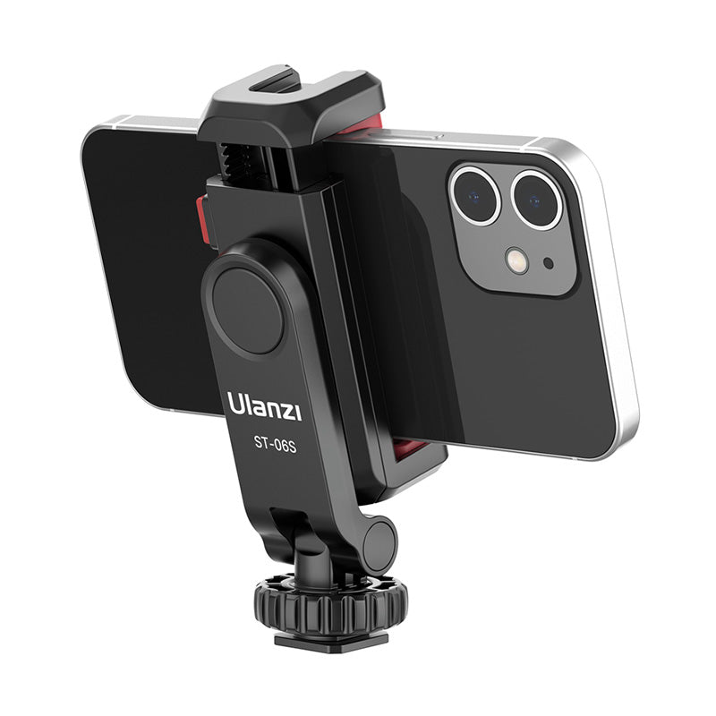 Ulanzi ST-06S Smartphone Holder with Smartphone. Black and gray design. 360° Rotation & 180° Tilt.
