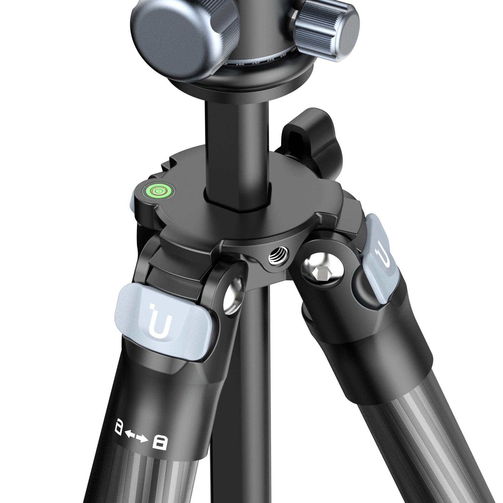 Ulanzi MT-60 Carbon Fiber Travel Tripod - Detail of head, leg locks, and level.