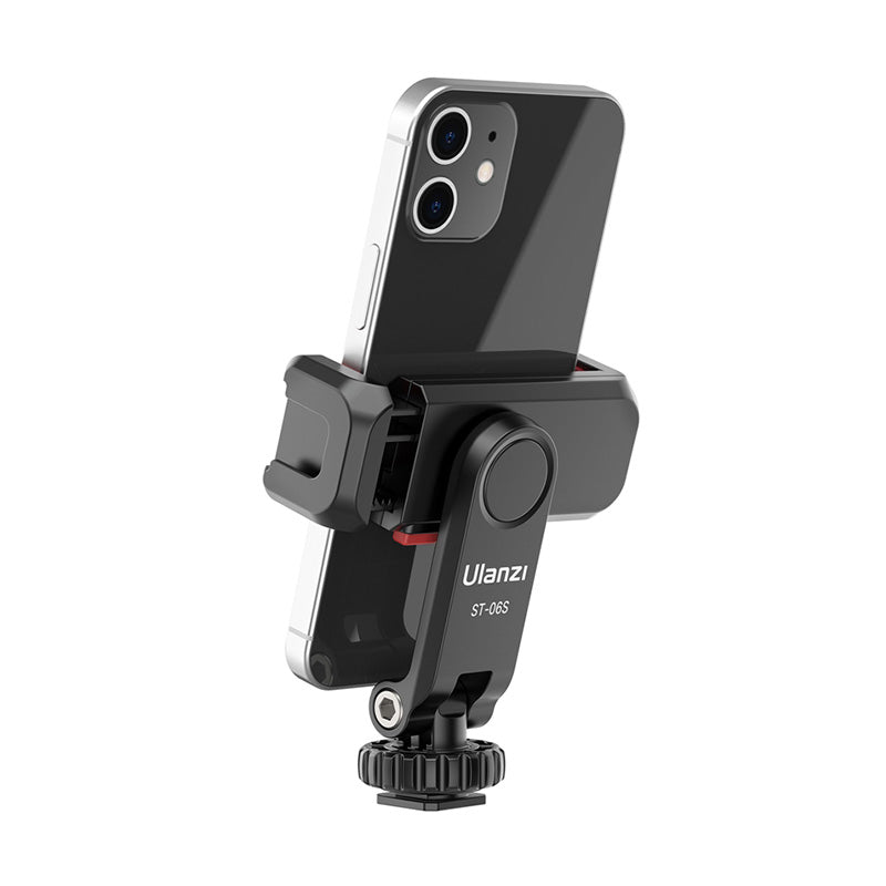 Ulanzi ST-06S smartphone holder with phone, black design, perfect for mobile content creation.