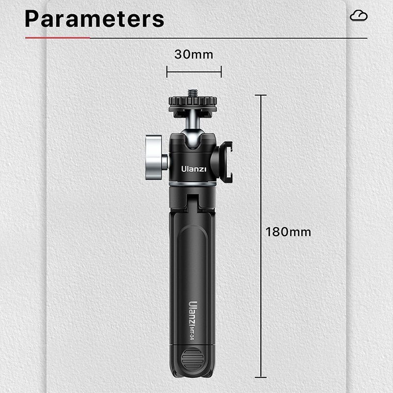 Ulanzi MT-14 Mini Extendable Tripod, black tripod showing product dimensions and parameters.